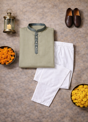 grey color jacquard work linen silk kurta pajama set 5