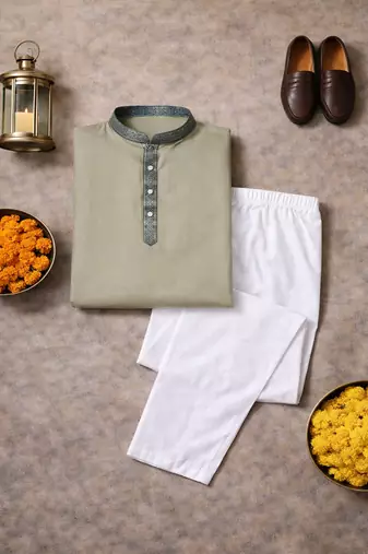 grey color jacquard work linen silk kurta pajama set
