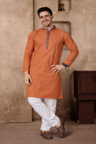 orange color jacquard work linen silk kurta pajama set
