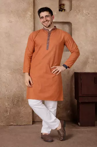 orange color jacquard work linen silk kurta pajama set