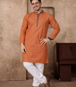 orange color jacquard work linen silk kurta pajama set