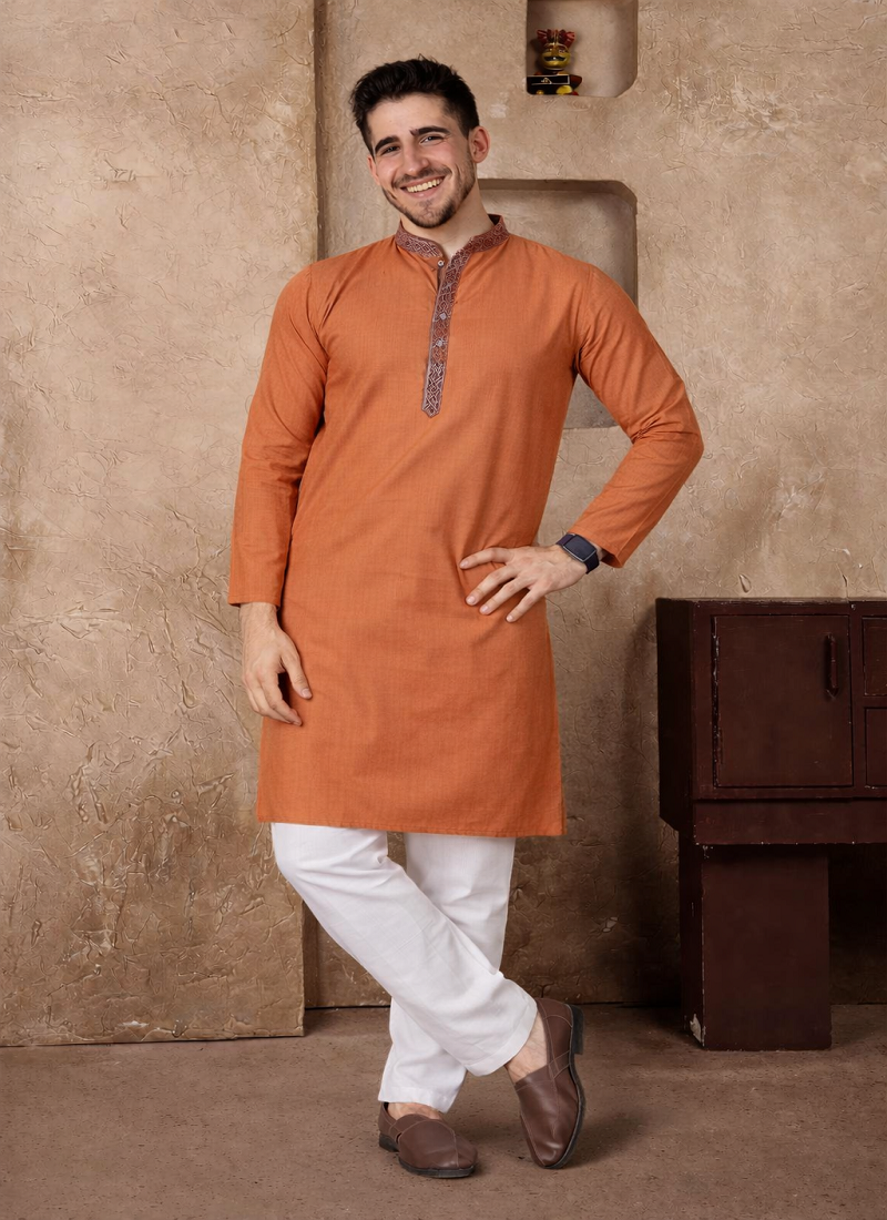 orange color jacquard work linen silk kurta pajama set