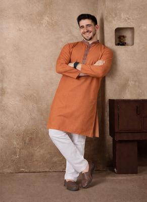 orange color jacquard work linen silk kurta pajama set 2