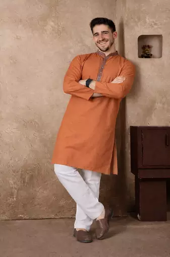 orange color jacquard work linen silk kurta pajama set