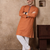 orange color jacquard work linen silk kurta pajama set