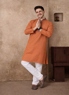 orange color jacquard work linen silk kurta pajama set 3