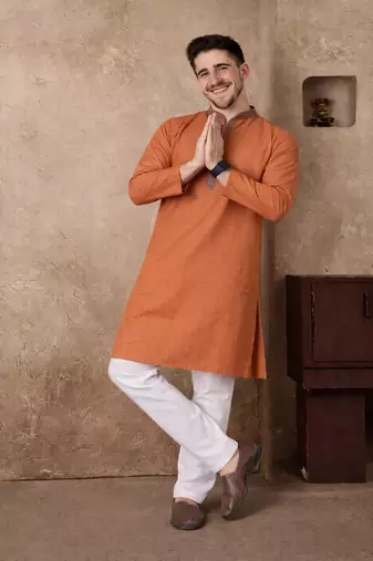 orange color jacquard work linen silk kurta pajama set