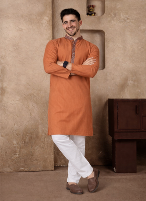 orange color jacquard work linen silk kurta pajama set 4