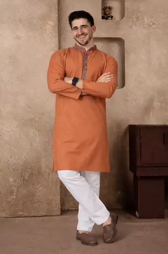 orange color jacquard work linen silk kurta pajama set