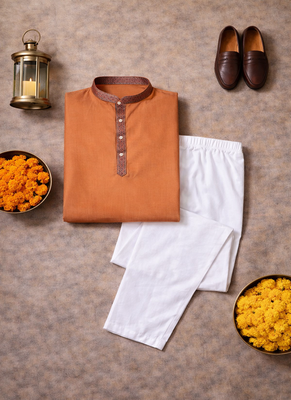 orange color jacquard work linen silk kurta pajama set 5