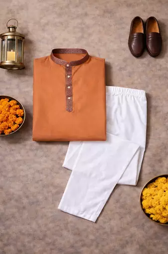 orange color jacquard work linen silk kurta pajama set