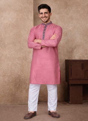 pink color jacquard work linen silk kurta pajama set 1