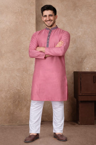 pink color jacquard work linen silk kurta pajama set