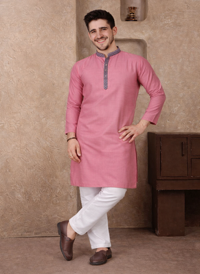 pink color jacquard work linen silk kurta pajama set 2