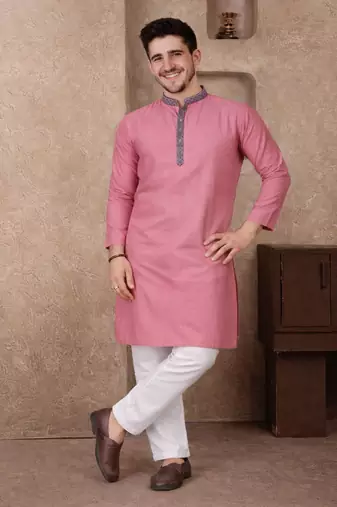 pink color jacquard work linen silk kurta pajama set