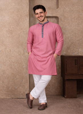 pink color jacquard work linen silk kurta pajama set 3