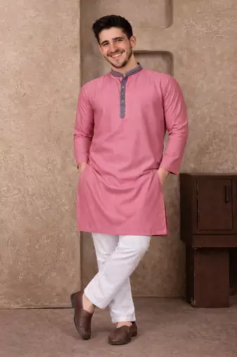 pink color jacquard work linen silk kurta pajama set