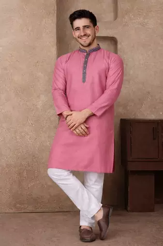 pink color jacquard work linen silk kurta pajama set