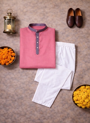 pink color jacquard work linen silk kurta pajama set 5
