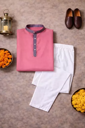 pink color jacquard work linen silk kurta pajama set
