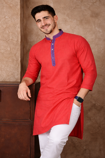 red color jacquard work linen silk kurta pajama set