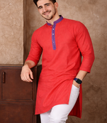 red color jacquard work linen silk kurta pajama set