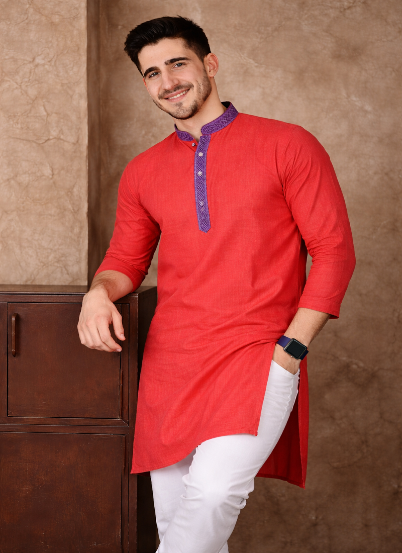 red color jacquard work linen silk kurta pajama set