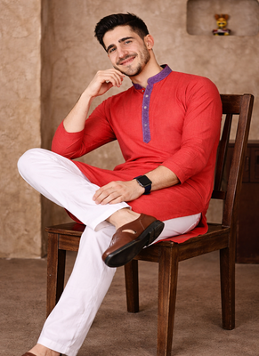 red color jacquard work linen silk kurta pajama set 2