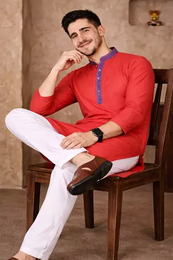 red color jacquard work linen silk kurta pajama set