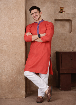 red color jacquard work linen silk kurta pajama set 3