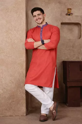 red color jacquard work linen silk kurta pajama set