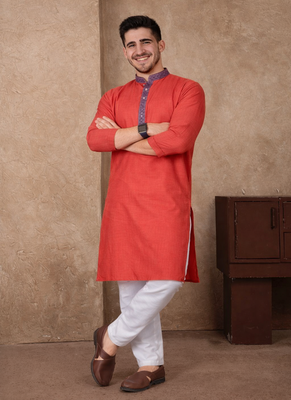 red color jacquard work linen silk kurta pajama set 4