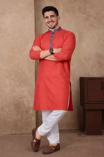 red color jacquard work linen silk kurta pajama set