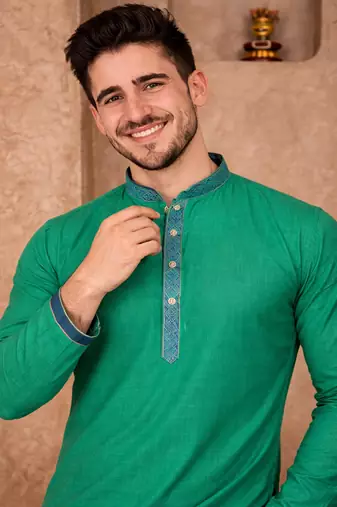 turquoise color jacquard work linen silk kurta pajama set