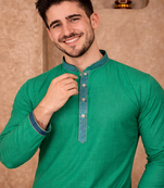 turquoise color jacquard work linen silk kurta pajama set