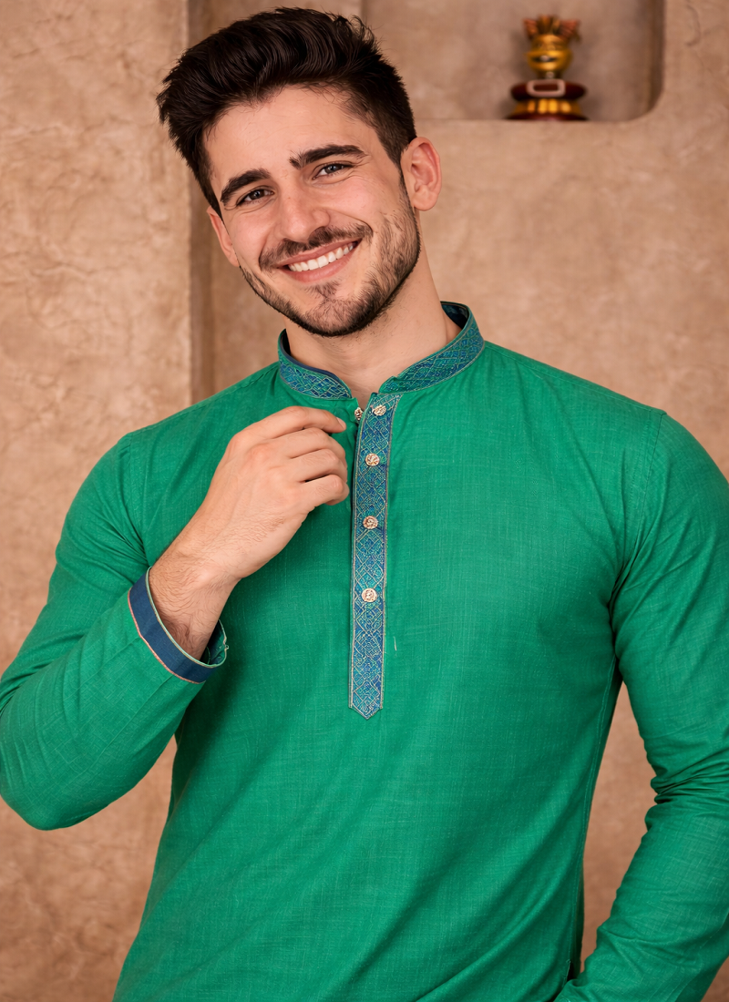 turquoise color jacquard work linen silk kurta pajama set