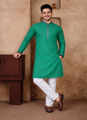 turquoise color jacquard work linen silk kurta pajama set 2