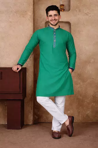 turquoise color jacquard work linen silk kurta pajama set