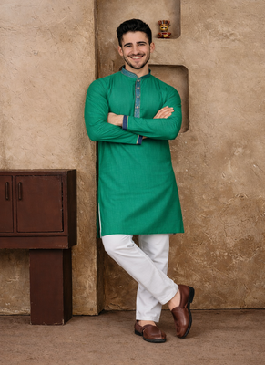 turquoise color jacquard work linen silk kurta pajama set 3