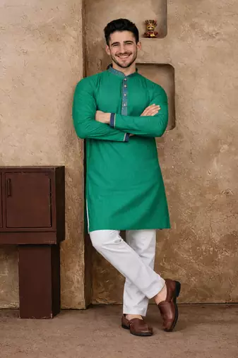 turquoise color jacquard work linen silk kurta pajama set
