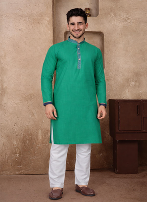 turquoise color jacquard work linen silk kurta pajama set 4