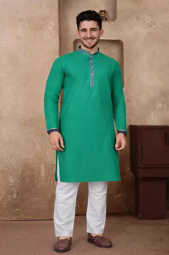turquoise color jacquard work linen silk kurta pajama set