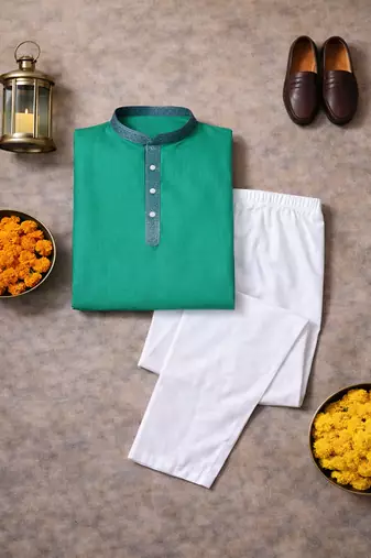 turquoise color jacquard work linen silk kurta pajama set