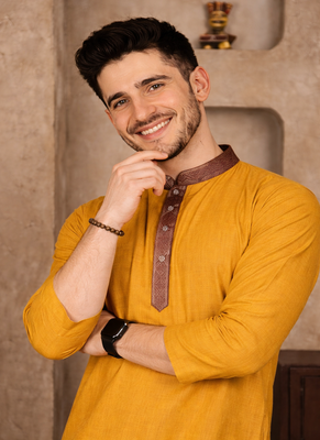 yellow color jacquard work linen silk kurta pajama set 1