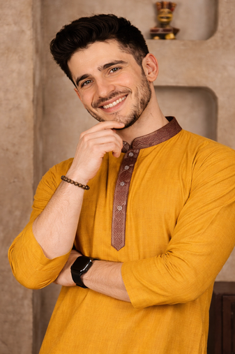 yellow color jacquard work linen silk kurta pajama set