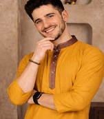 yellow color jacquard work linen silk kurta pajama set