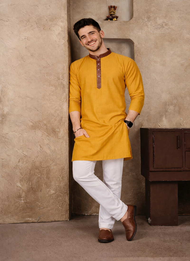 yellow color jacquard work linen silk kurta pajama set