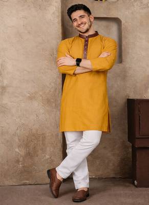 yellow color jacquard work linen silk kurta pajama set 3