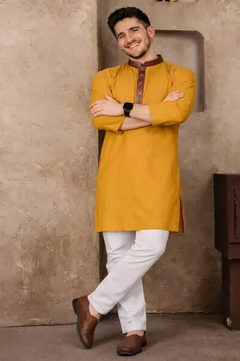 yellow color jacquard work linen silk kurta pajama set