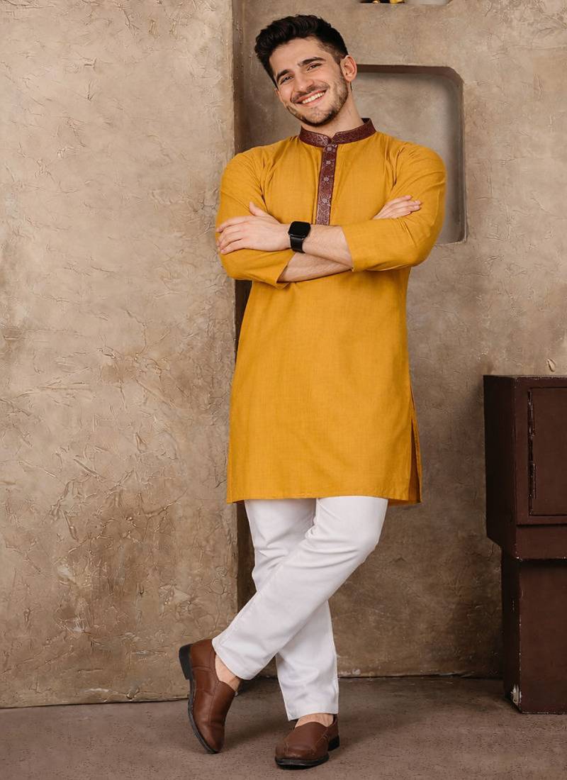 yellow color jacquard work linen silk kurta pajama set